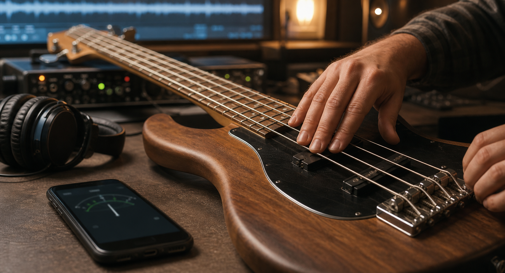 Bass guitar being tuned beside a phone in a warm studio overdub setup with no readable text