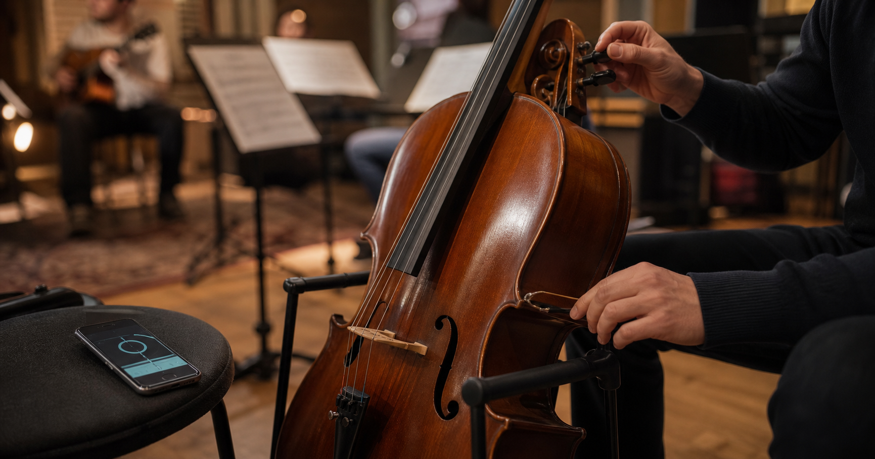 Cello student checking a low string beside a phone tuner before sharing a custom tuning with a band