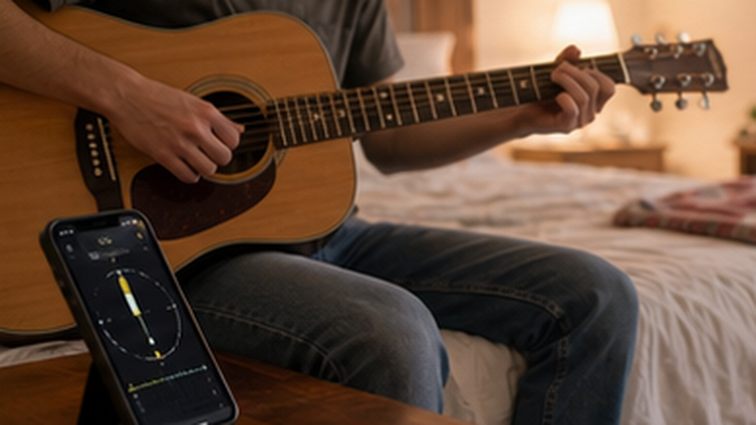 How to tune standard EADGBE guitar in a bedroom when the tuner keeps jumping with guitar and TuneLT tuner app nearby