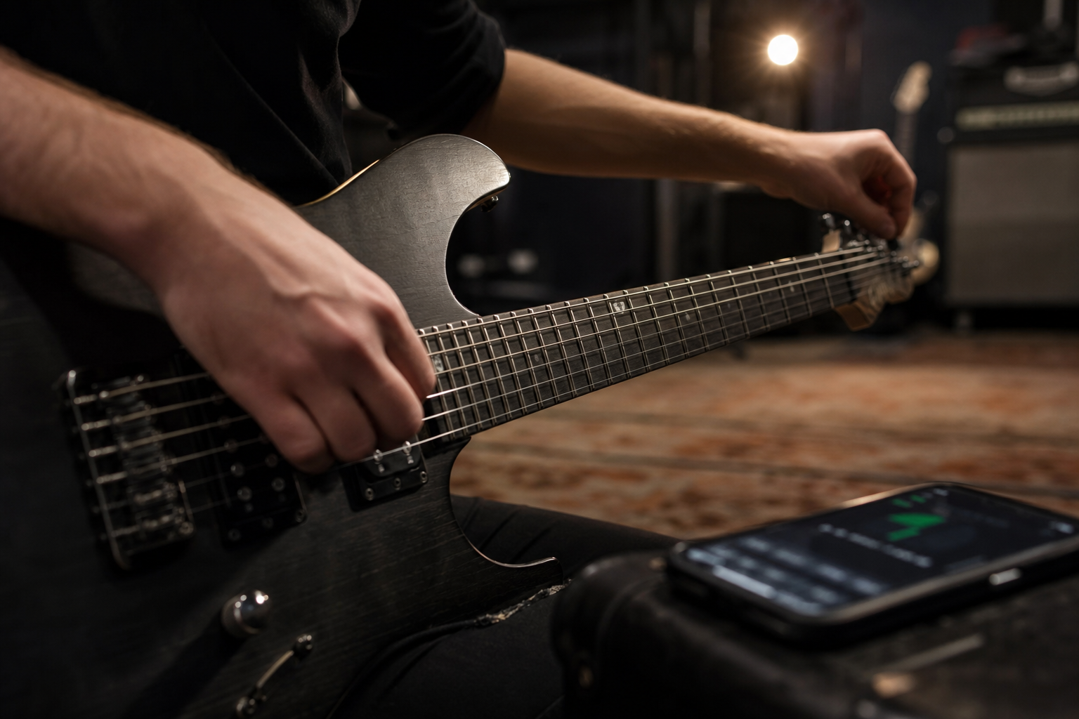 Electric guitar in Drop C being tuned beside a blurred phone tuner during a quiet side-stage warm-up