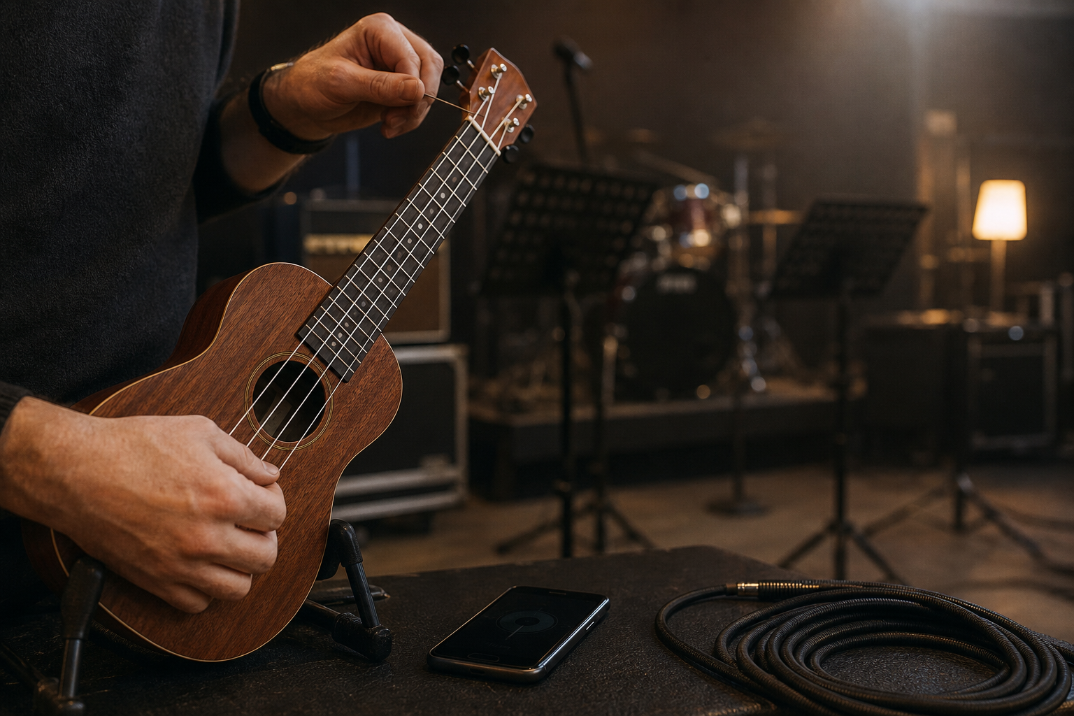 Low-G ukulele being checked beside a phone tuner in a quiet band rehearsal room before the set starts