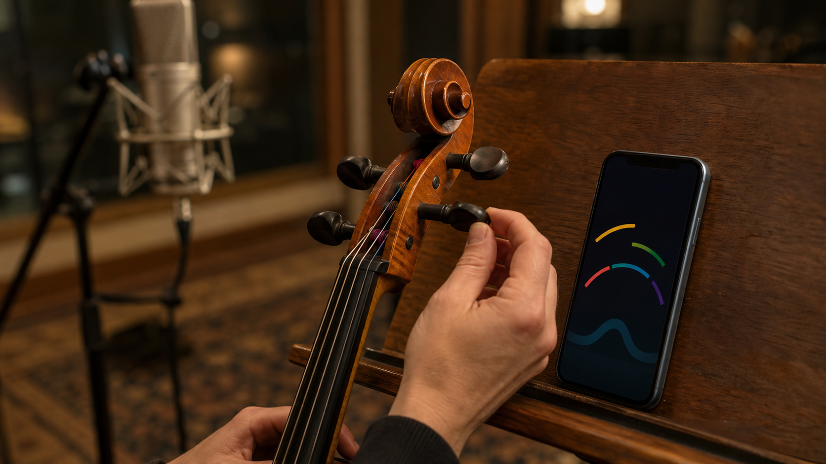 A viola being tuned beside a phone in a warm studio overdub setup with no readable text.