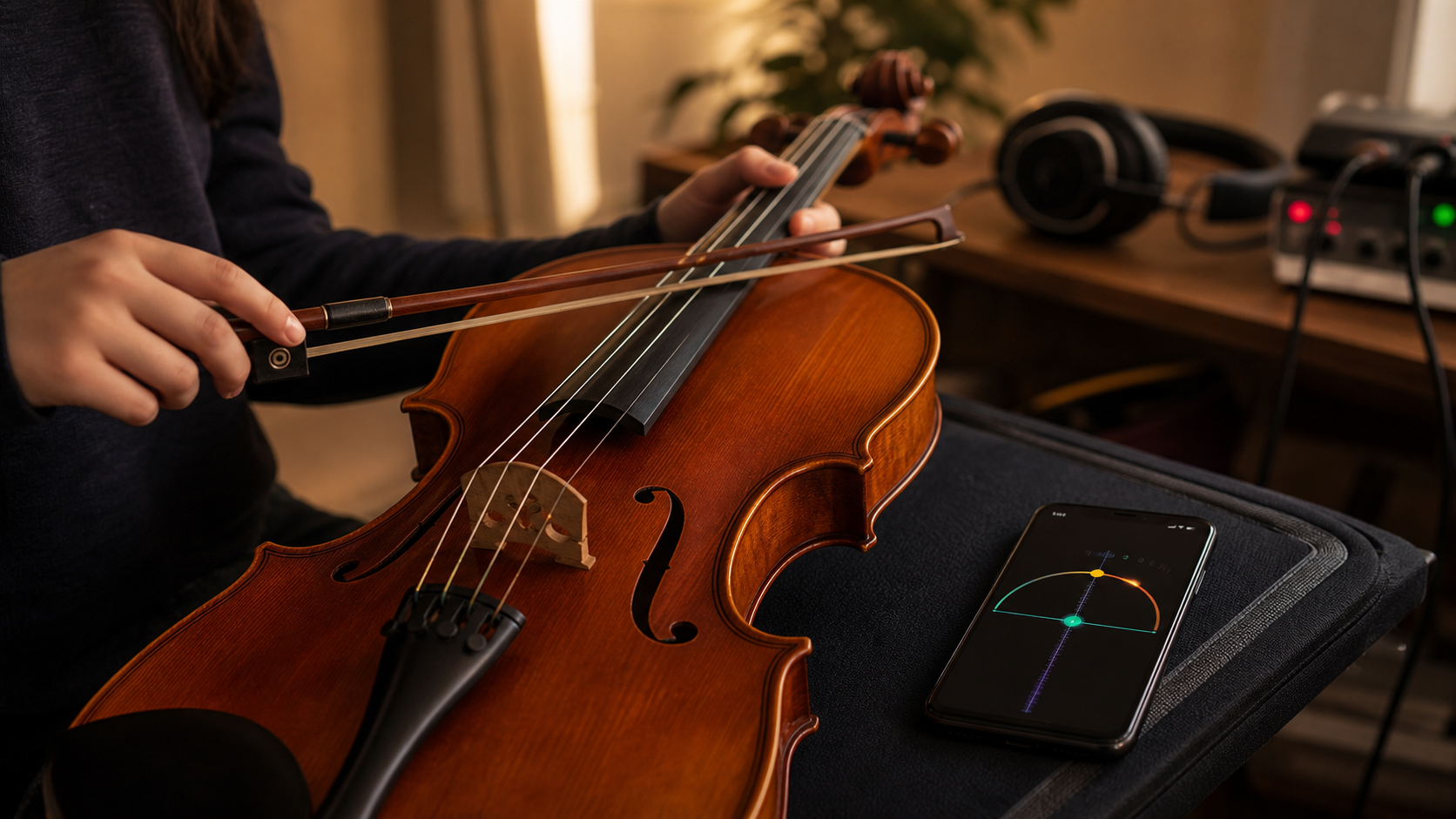 A student viola beside a phone tuner setup in warm studio light before an overdub take