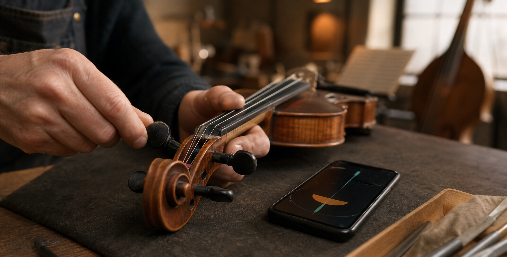 Luthier adjusting a violin beside a phone tuner during a quiet custom tuning warm-up